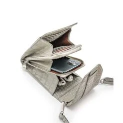 MOSZ Telefoontasje Croco Taupe Brushed Silver 7 MOSZ Telefoontasje Croco Taupe Brushed Silver -Mode Tassenwinkel 3. binnenkant taupe zilver